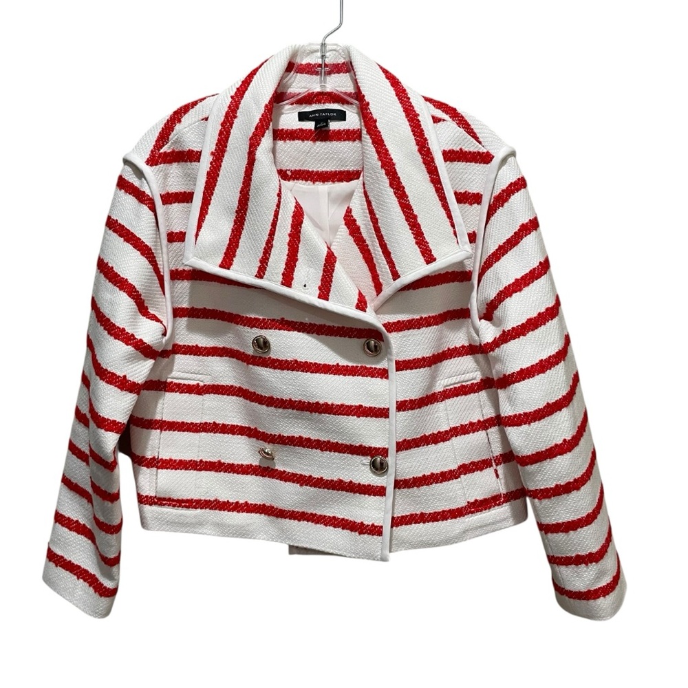 Ann Taylor Cropped Striped Moto Jacket Red White Women Size Small Petite